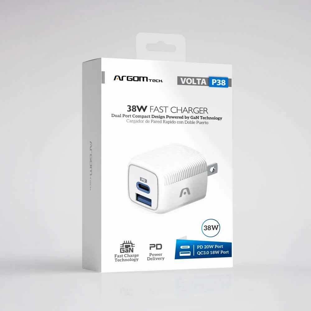CARGADOR DE PARED RAPIDO DOBLE PUERTO TIPO-C + USB-A VOLTA P38 38WT ARG-AC-0116WT