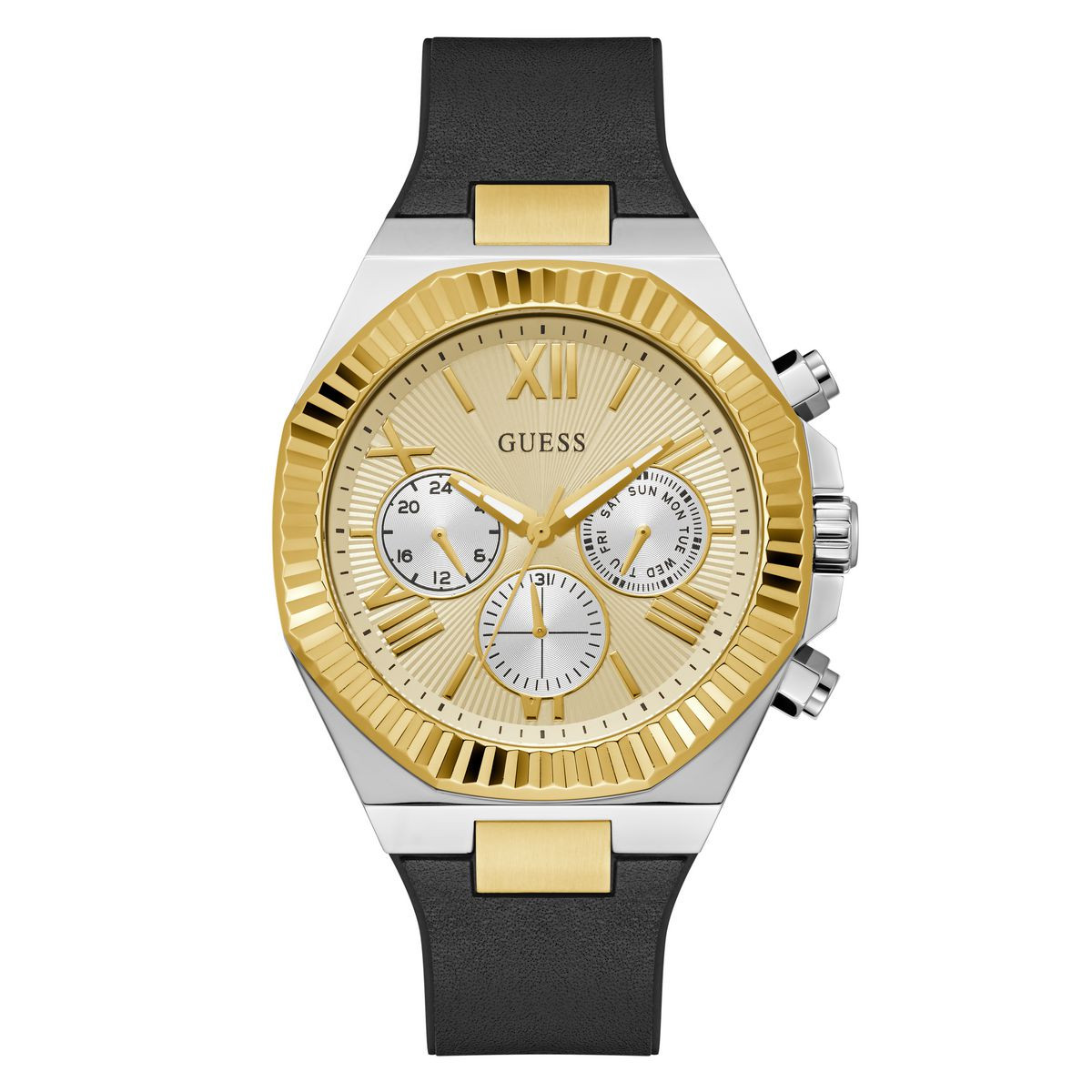Reloj GUESS Man Dress Silver/Gold Tone Multifunción Strap Black GW0791G1