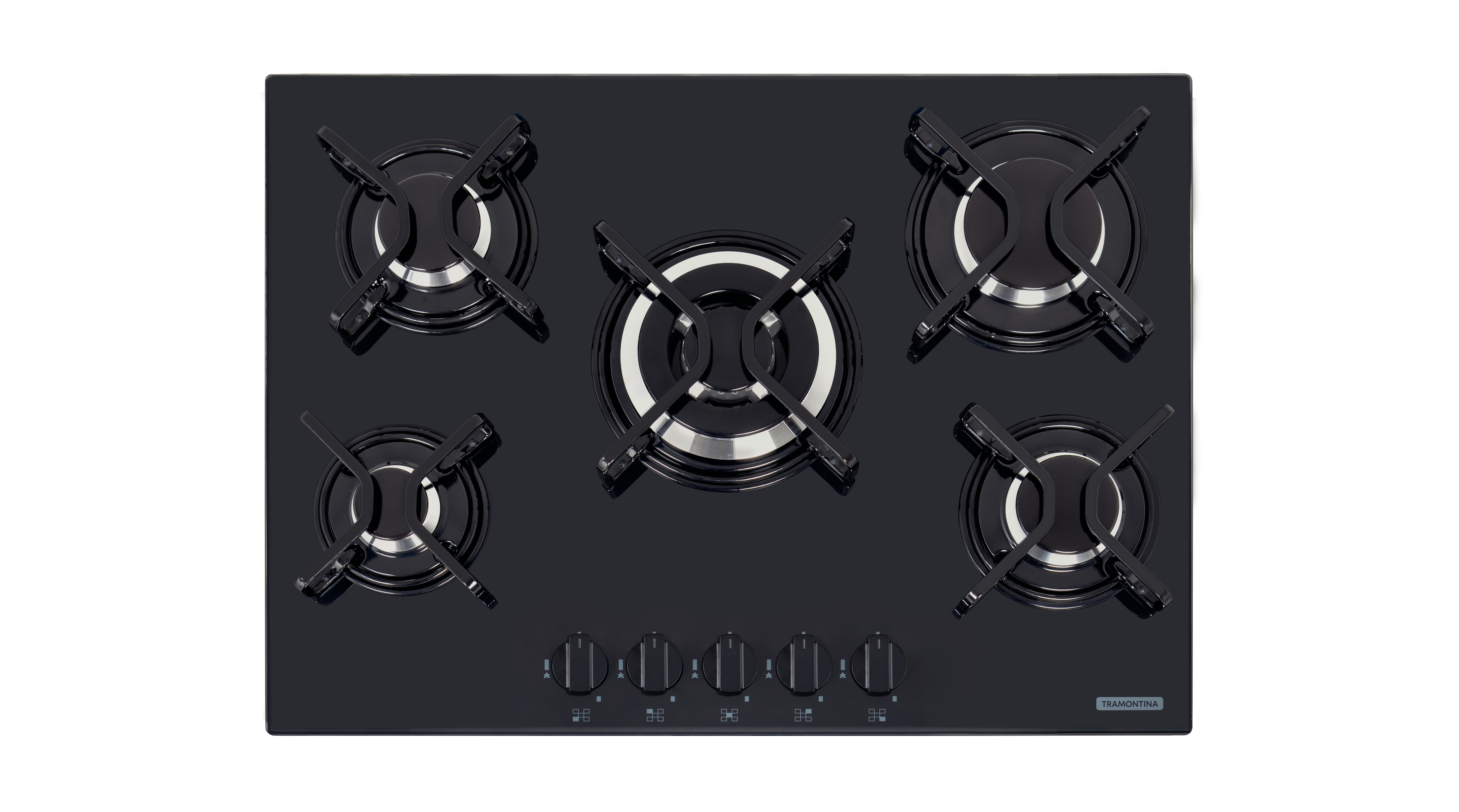 Cooktop a gas TRAMONTINA de vidrio templado negro y rejillas de acero al carbono, con encendido superautomático y 5 quemadores.