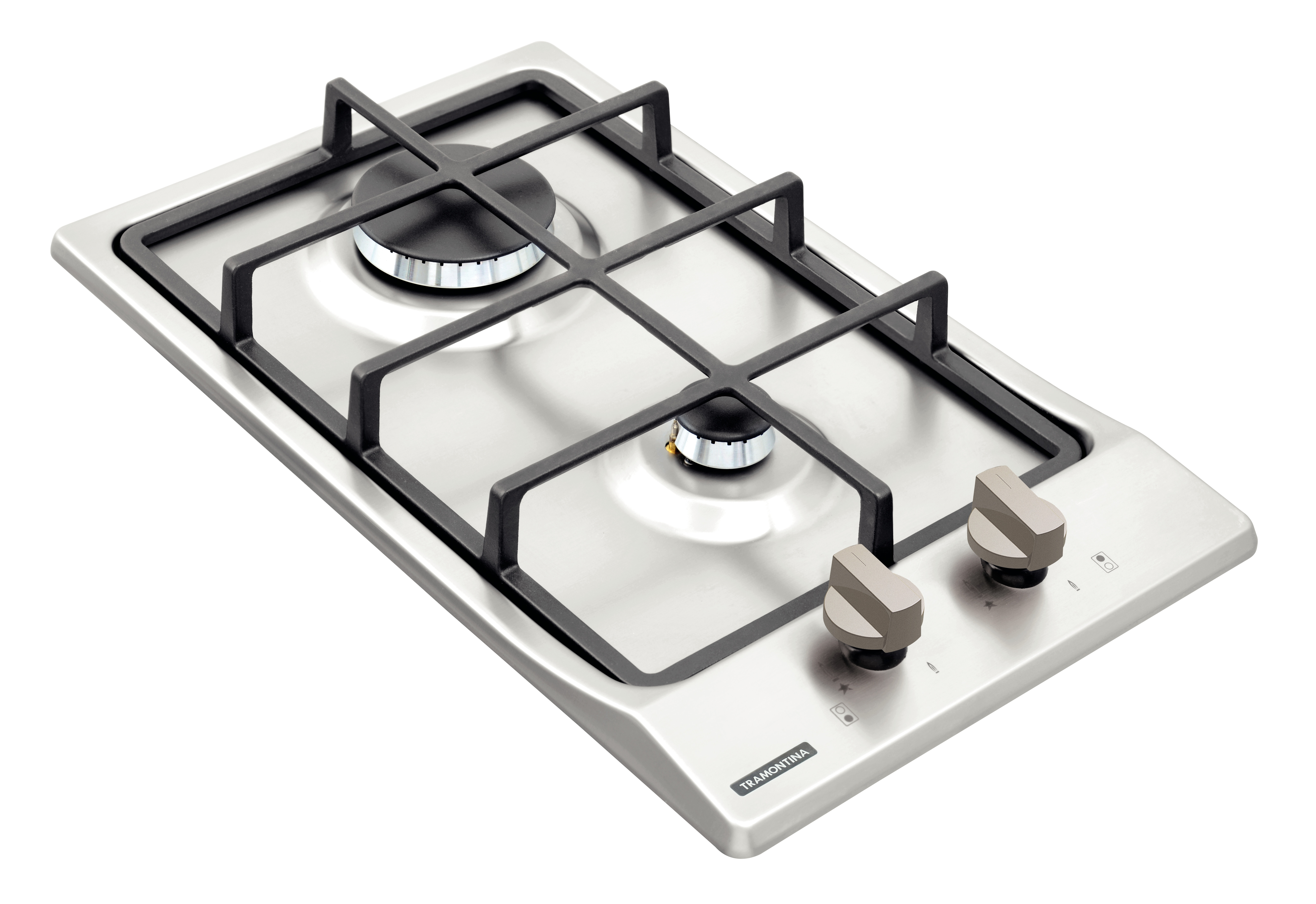 Cooktop a gas TRAMONTINA de acero inoxidable y rejillas de hierro fundido, con encendido superautomático y 2 quemadores.